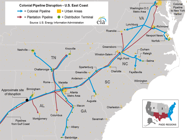 The Colonial Pipeline Company announced Wednesday it had restarted operations after a cyberattack took down the major pipeline on the East Coast. (Graphic from the Energy Information Administration)
